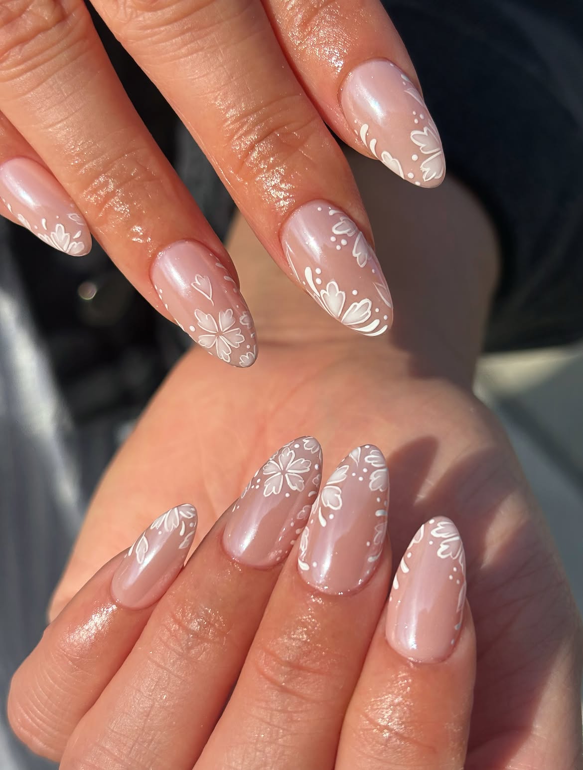 Delicate White Floral Almond Nails