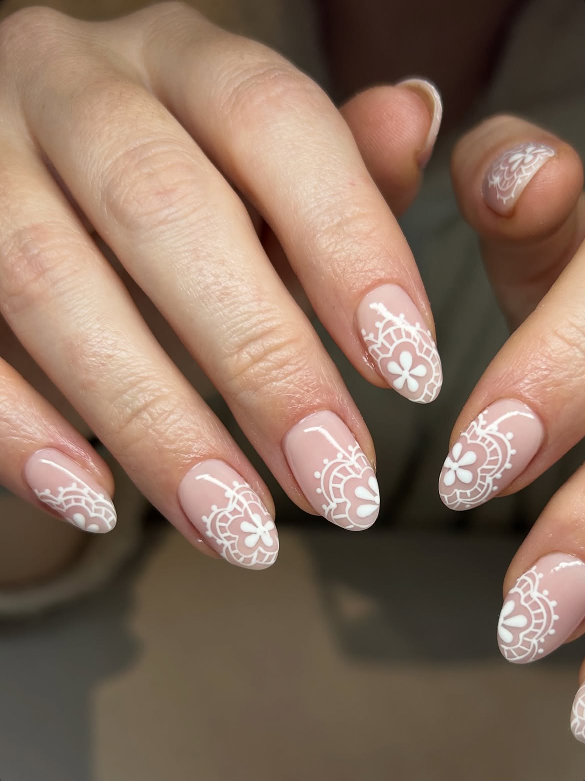 Delicate White Lace Almond Nails
