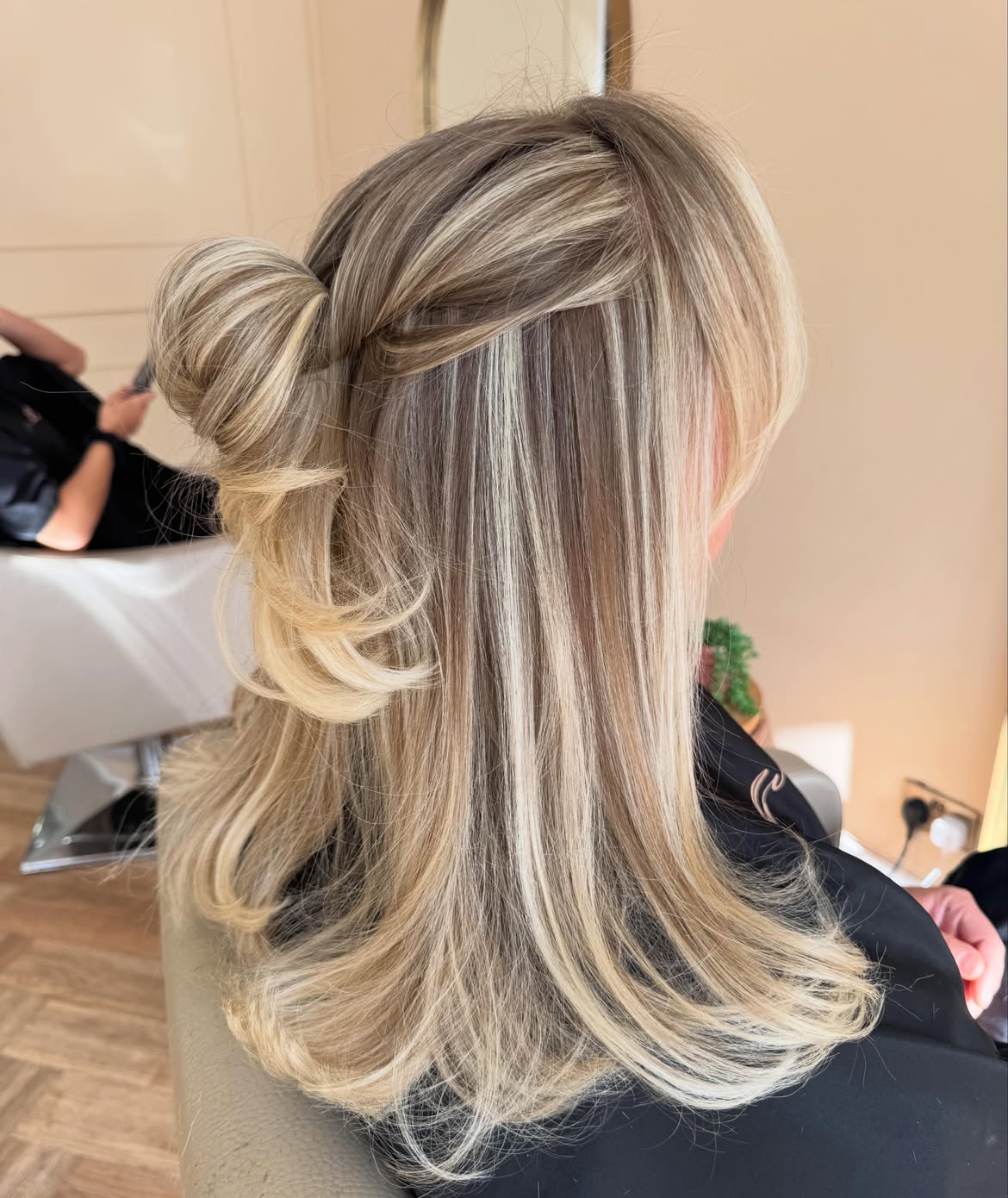 Dimensional Ash Blonde Highlights With Half Up Bun