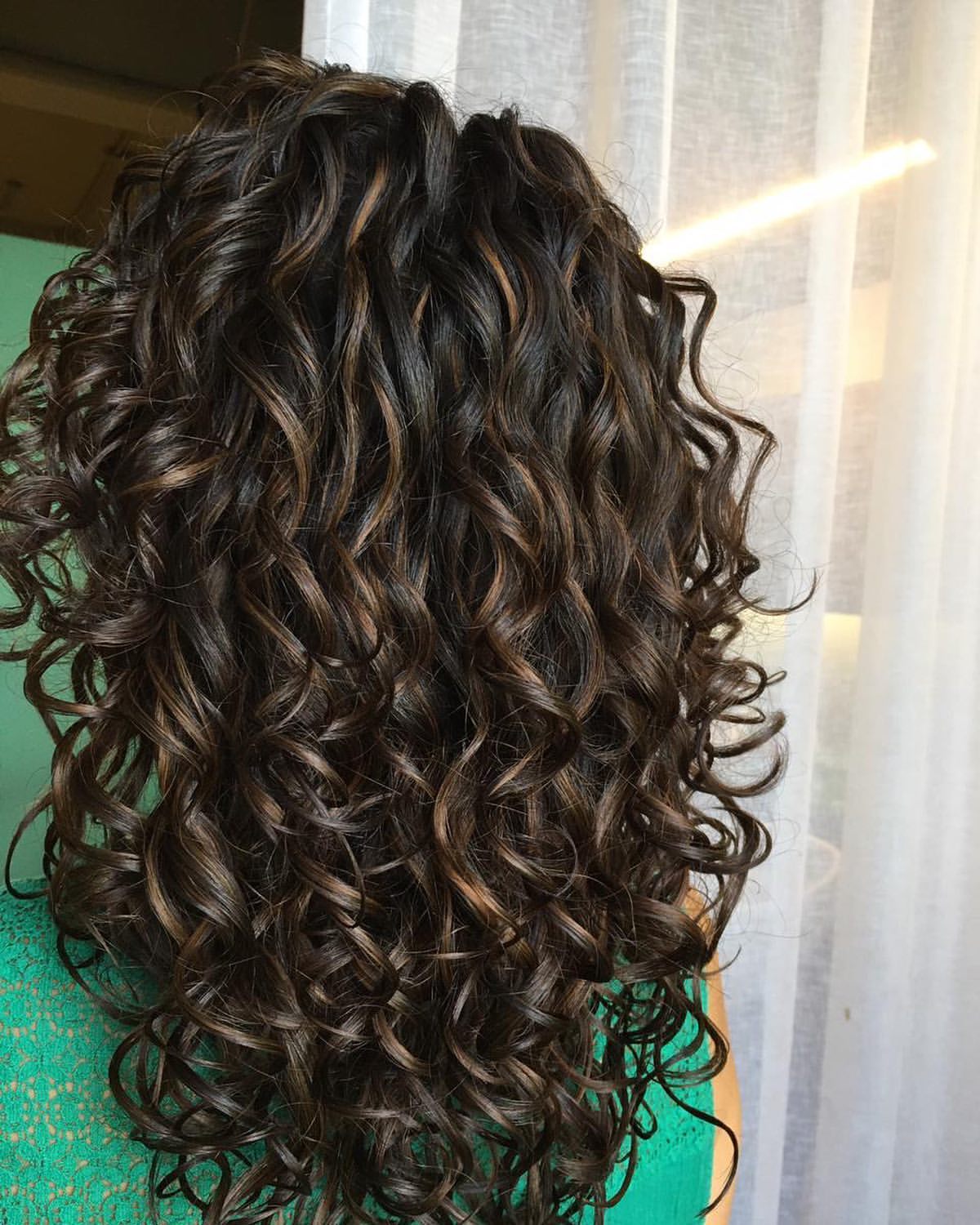 Dimensional Caramel Highlights On Long Curly Layers