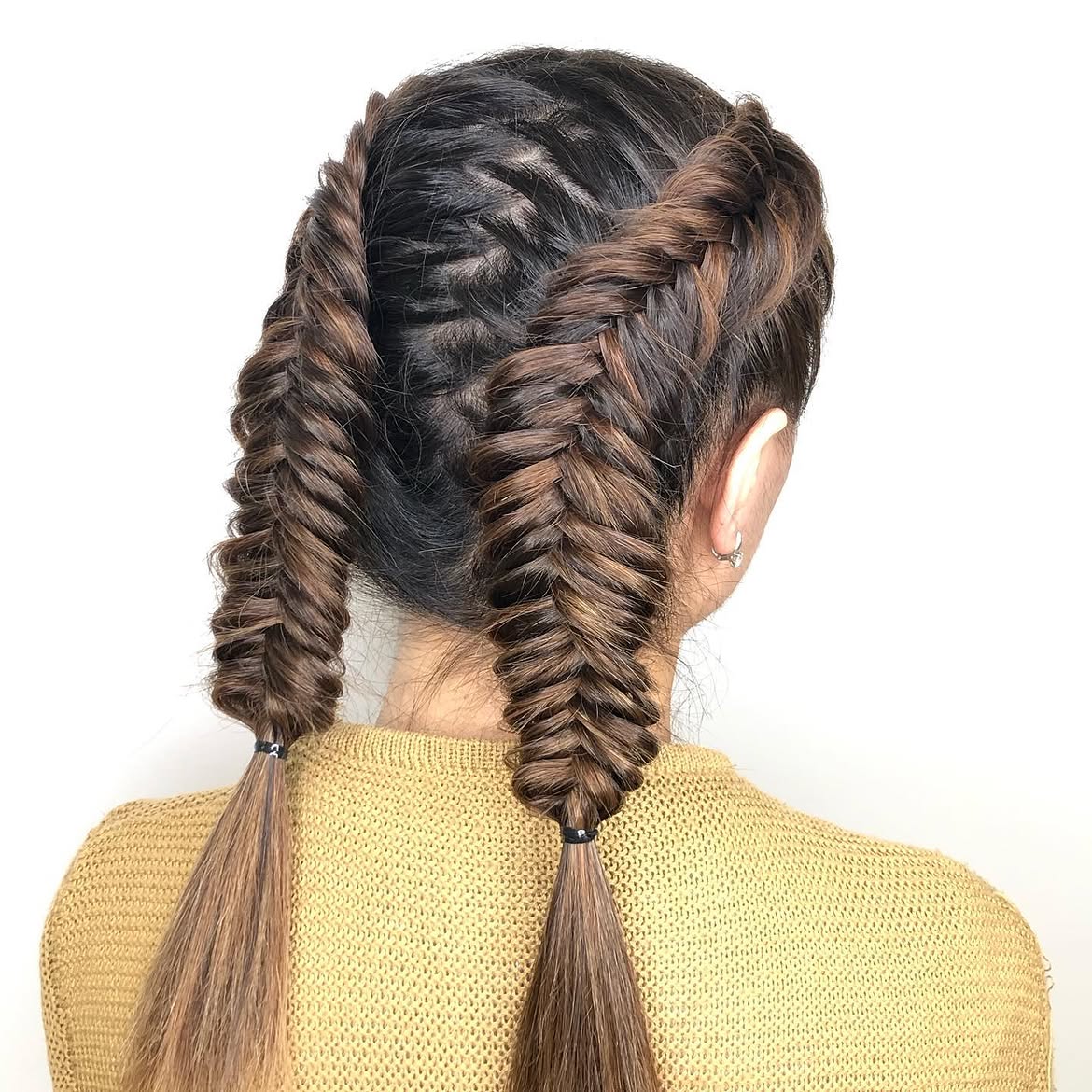 Double Dutch Fishtail Braids With Dimensional Brunette Highlights