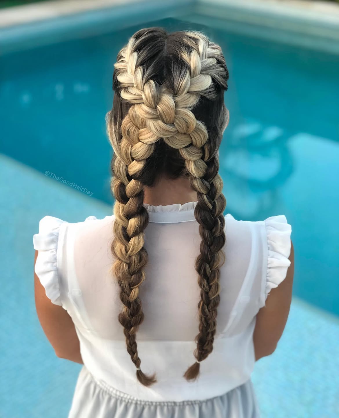 Double French Braid Updo With High Contrast Balayage