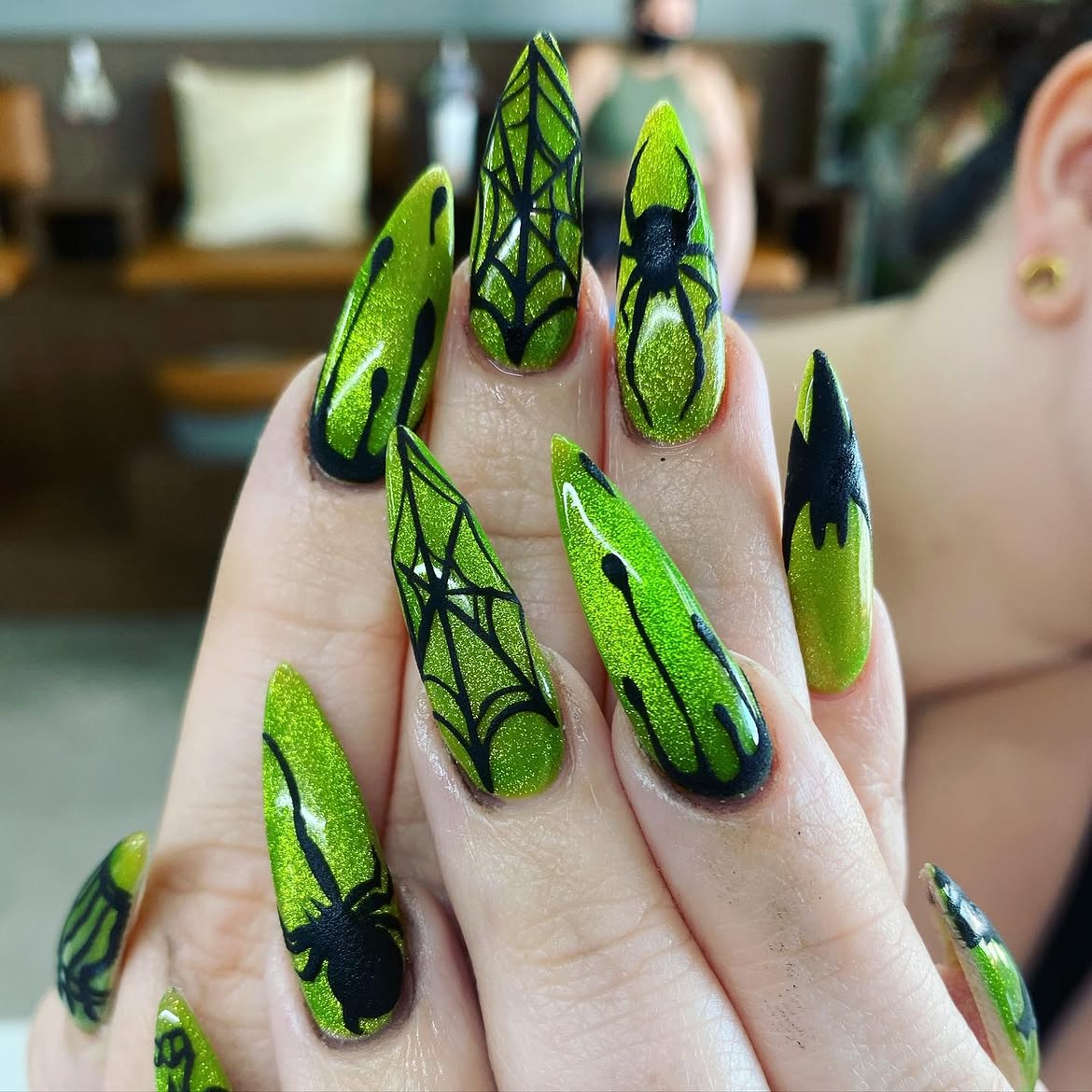 Electric Green Spiderweb Stiletto Halloween Nails