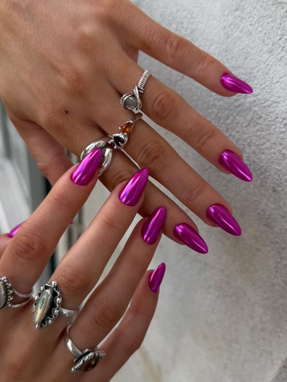 Electric Magenta Chrome Stiletto Nails