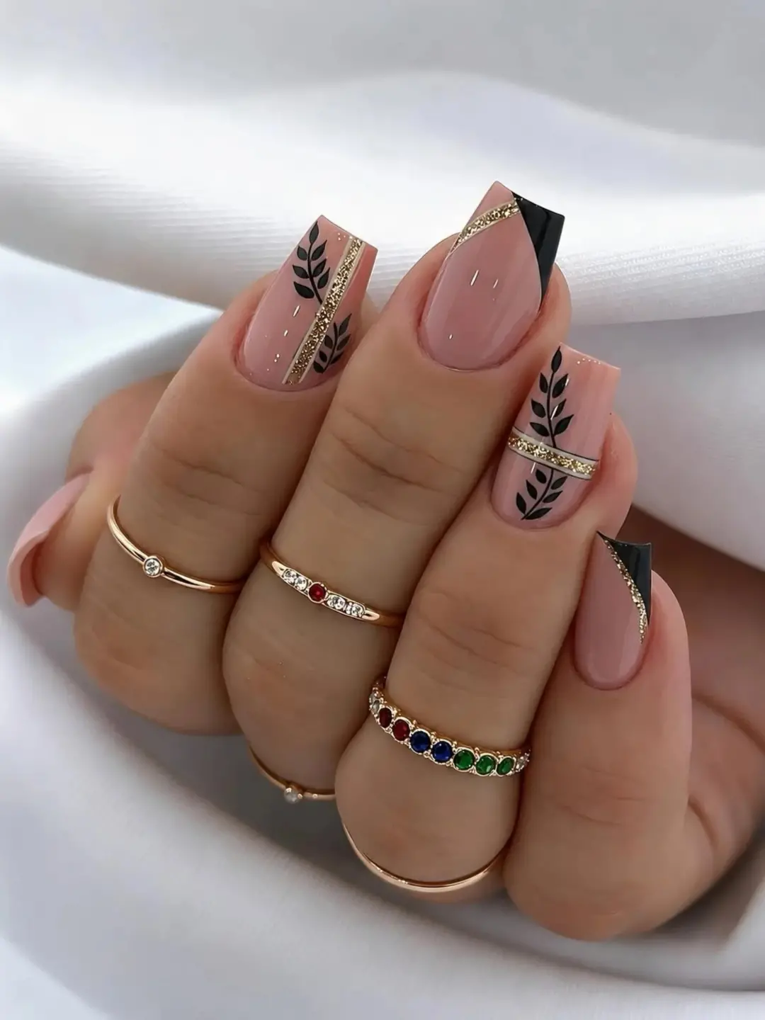 Elegant Black Leaf French Tip Coffin Nails