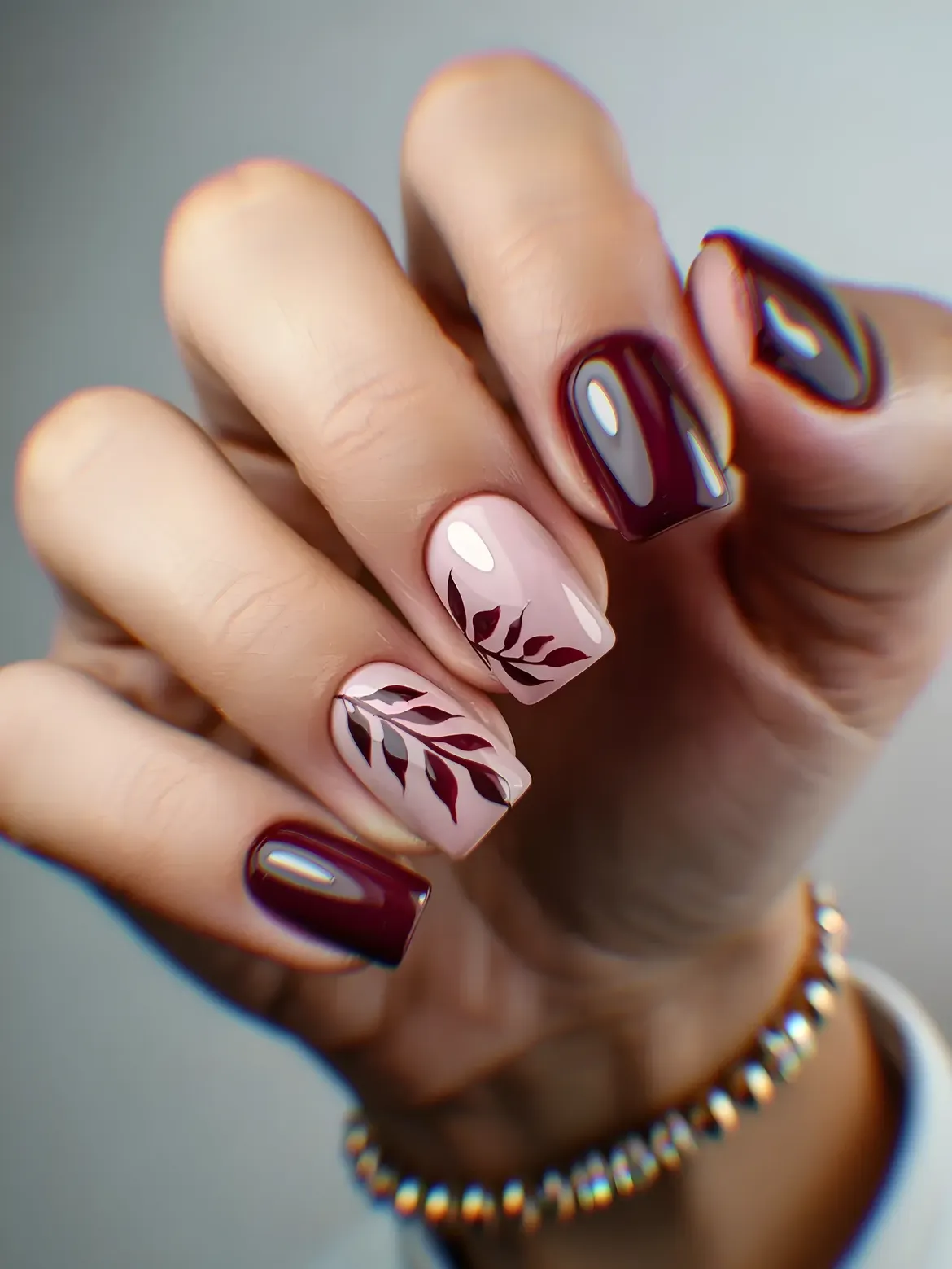 Elegant Burgundy & Nude Fall Leaf Accent Nails