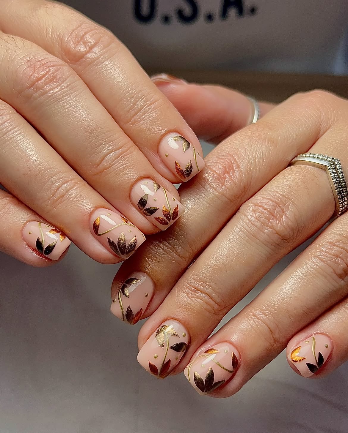 Elegant Gold Leaf Fall Floral Nail Art