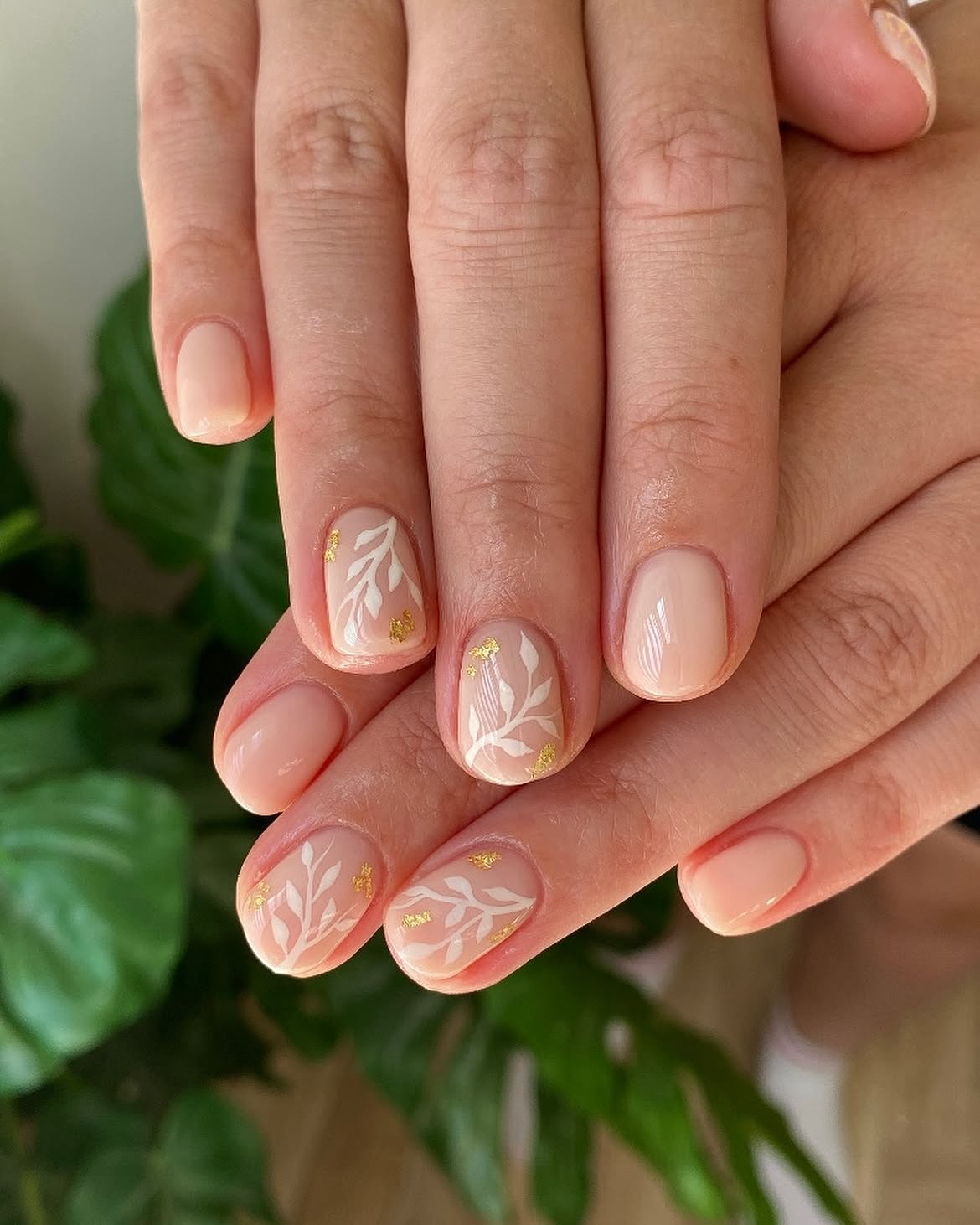 Elegant Nude Floral Branch Wedding Nails