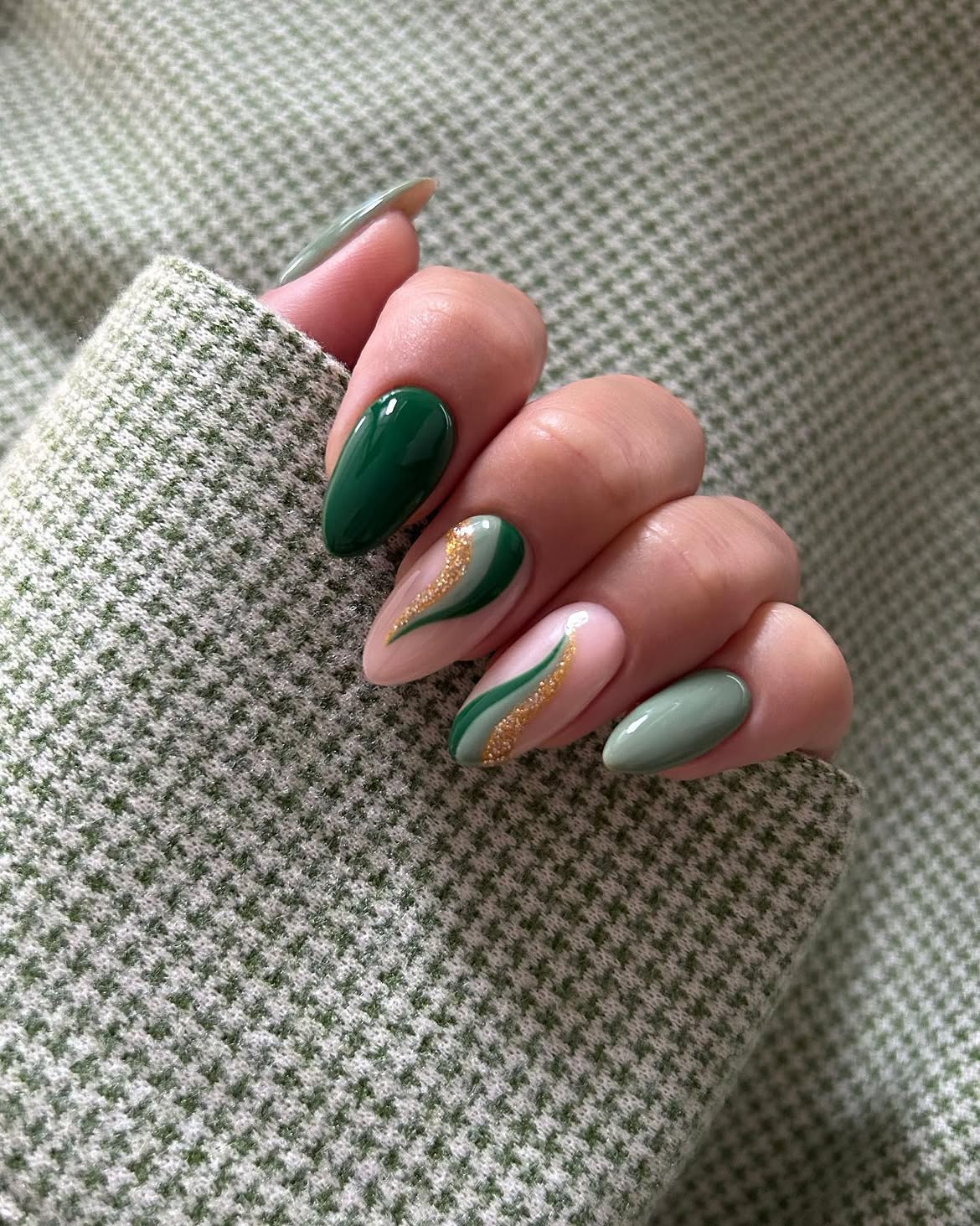 Emerald and Sage Swirl Glitter Accent Nails