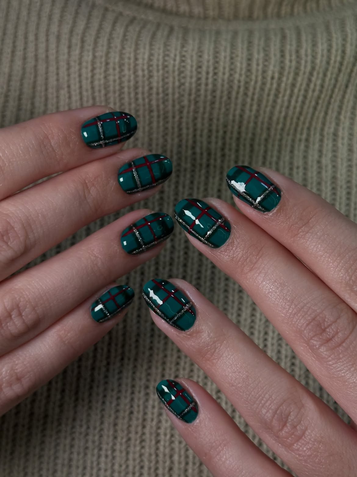 Emerald Green Plaid Nail Art With Silver Accents