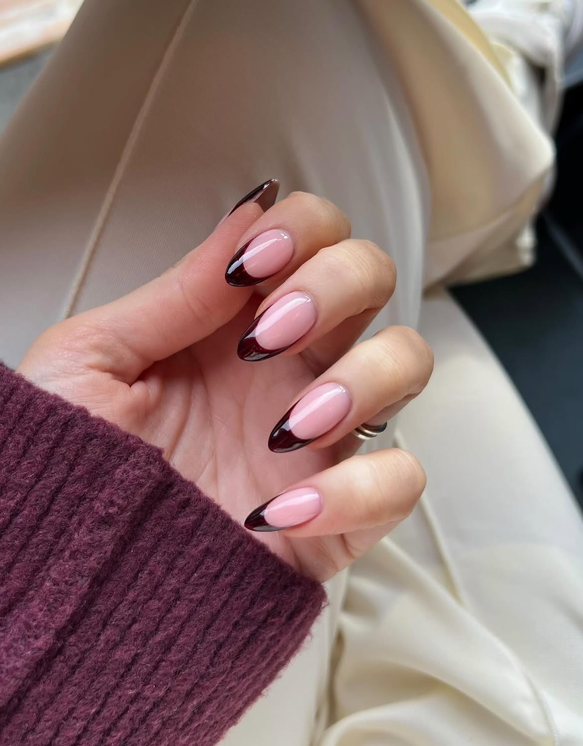 Espresso French Tip Almond Nails