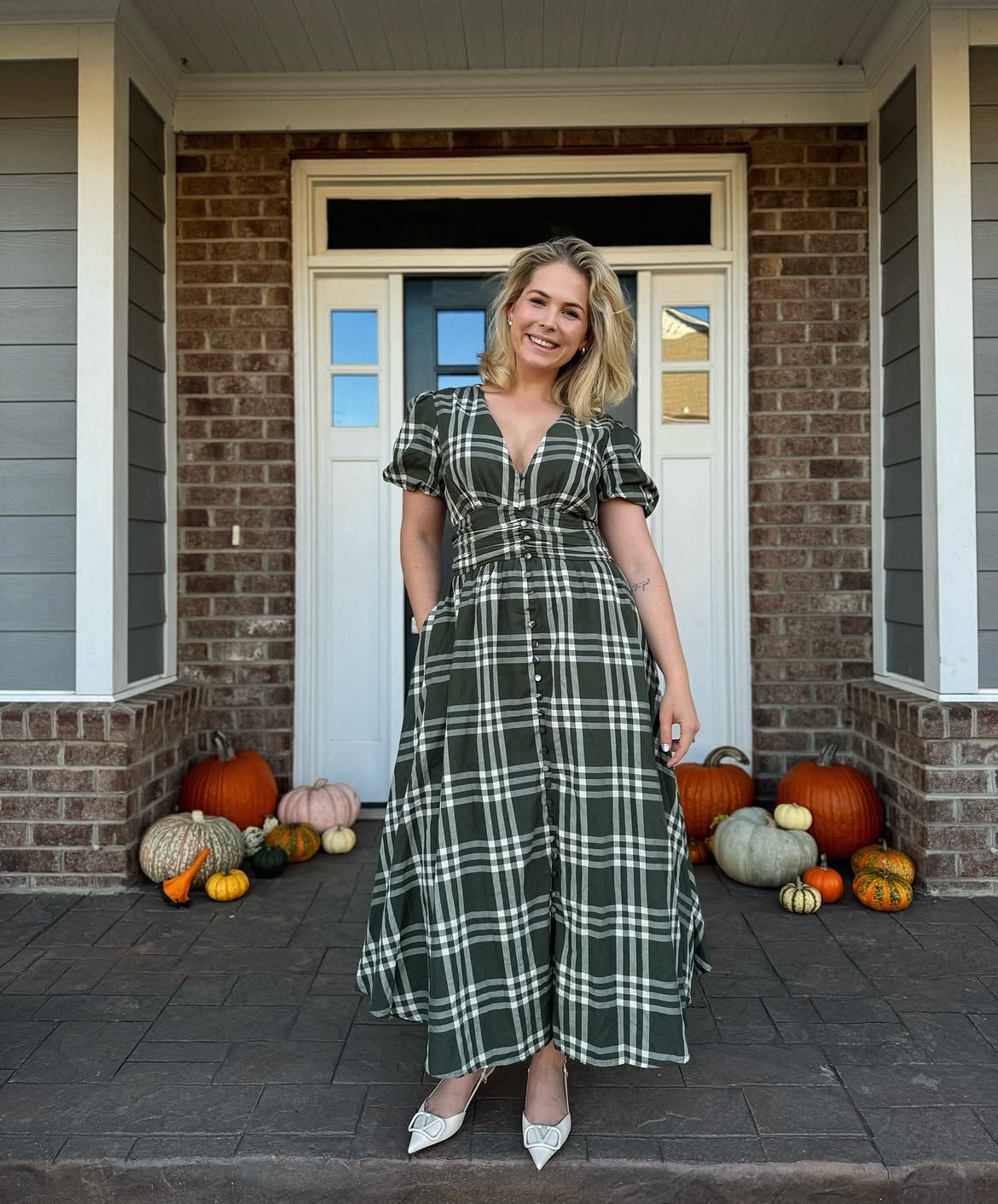 Fall Plaid Button-Down Maxi Dress With Bow Heels