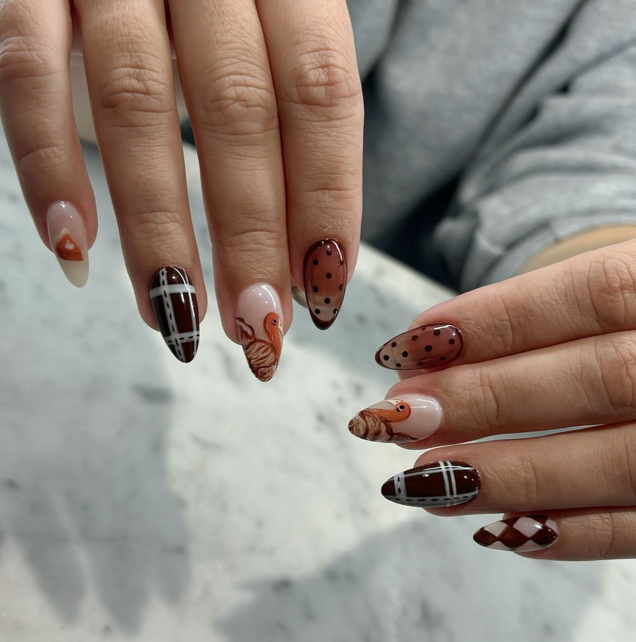 Festive Thanksgiving Turkey & Plaid Almond Nails