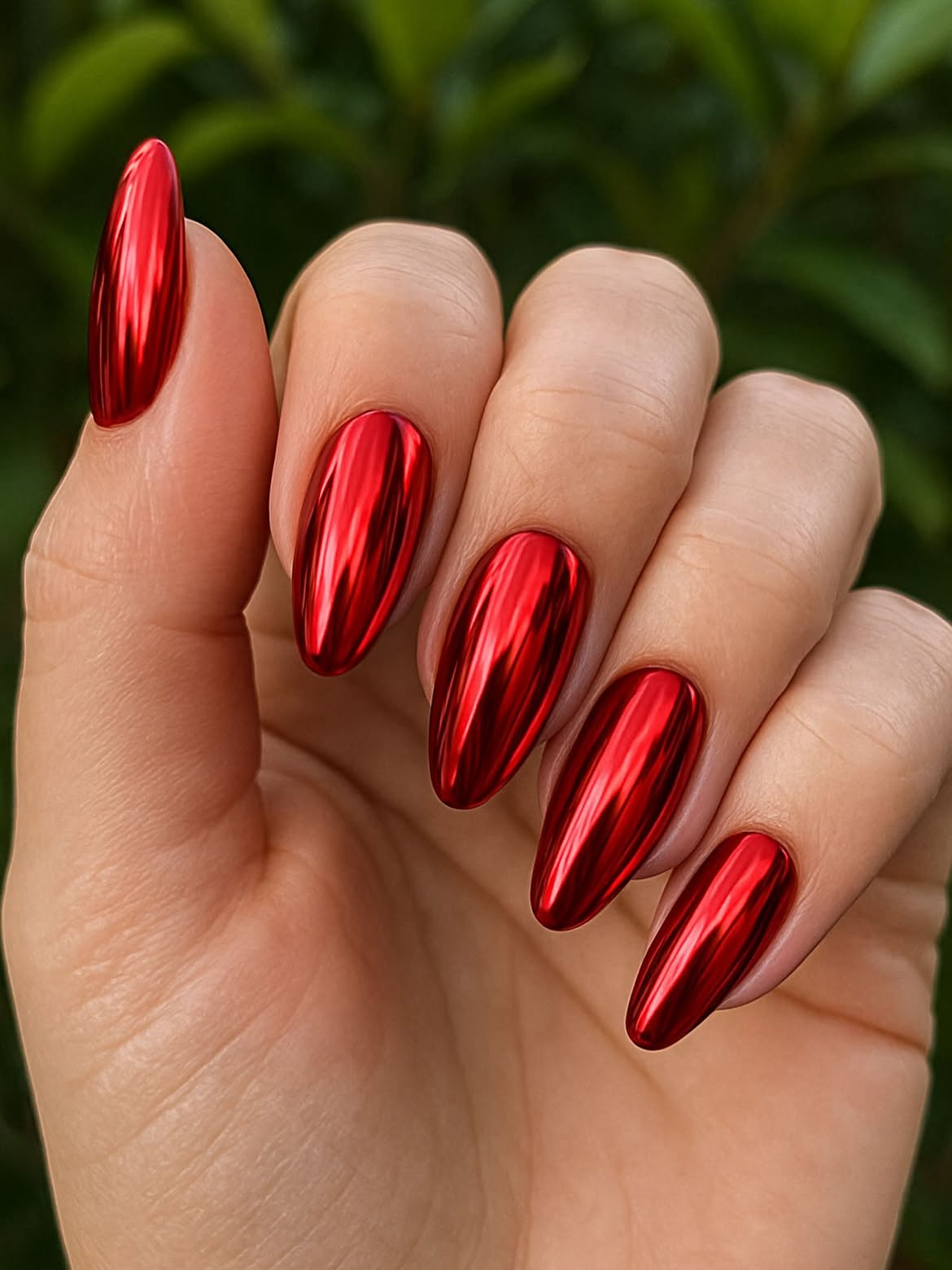 Fiery Red Chrome Almond Nails