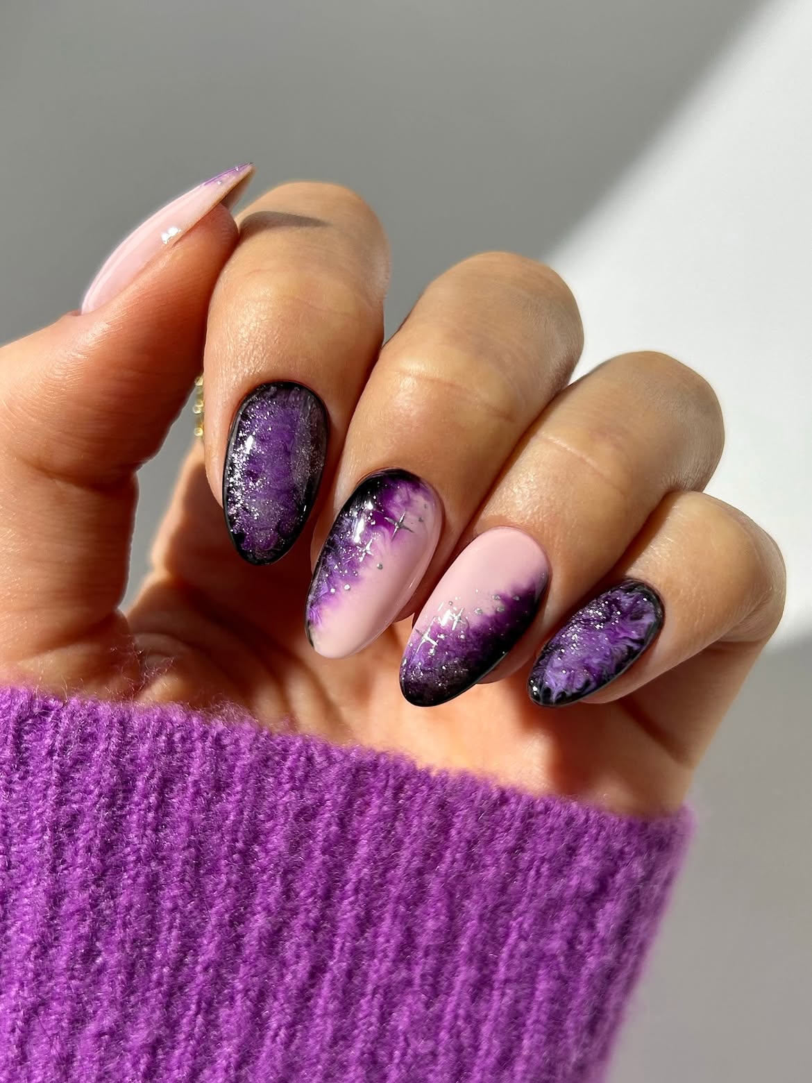 Galaxy Purple Ombre Almond Nails with Glitter