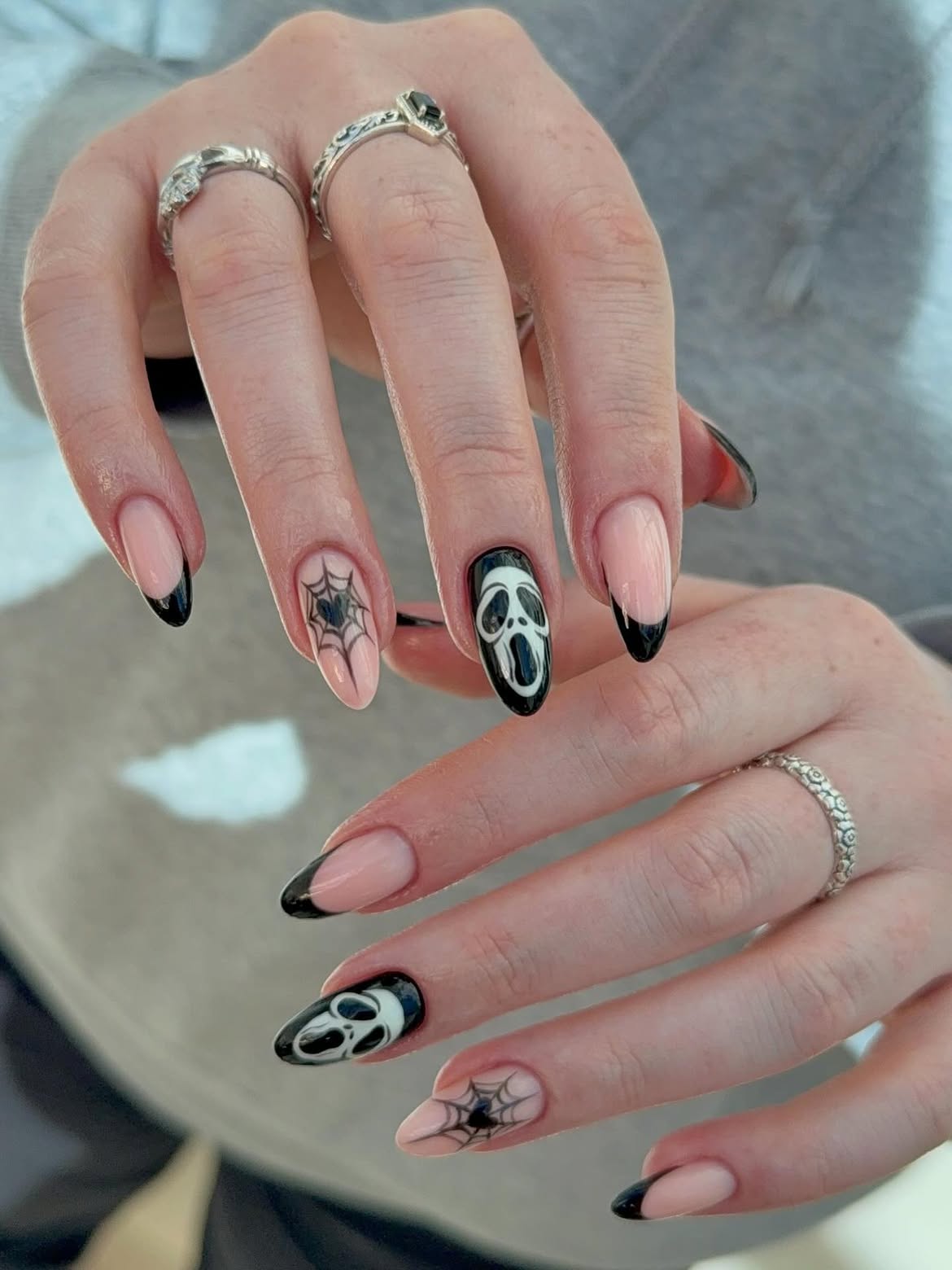 Ghost Face French Tip Halloween Almond Nails