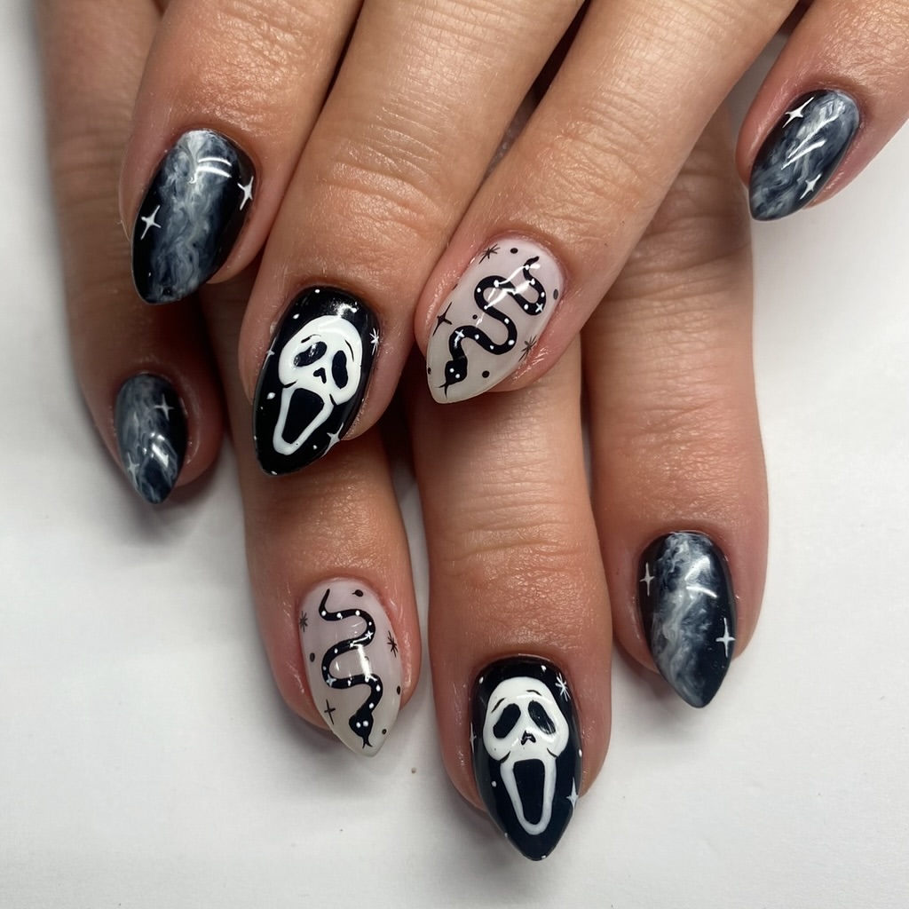 Ghostface and Snake Halloween Almond Nails