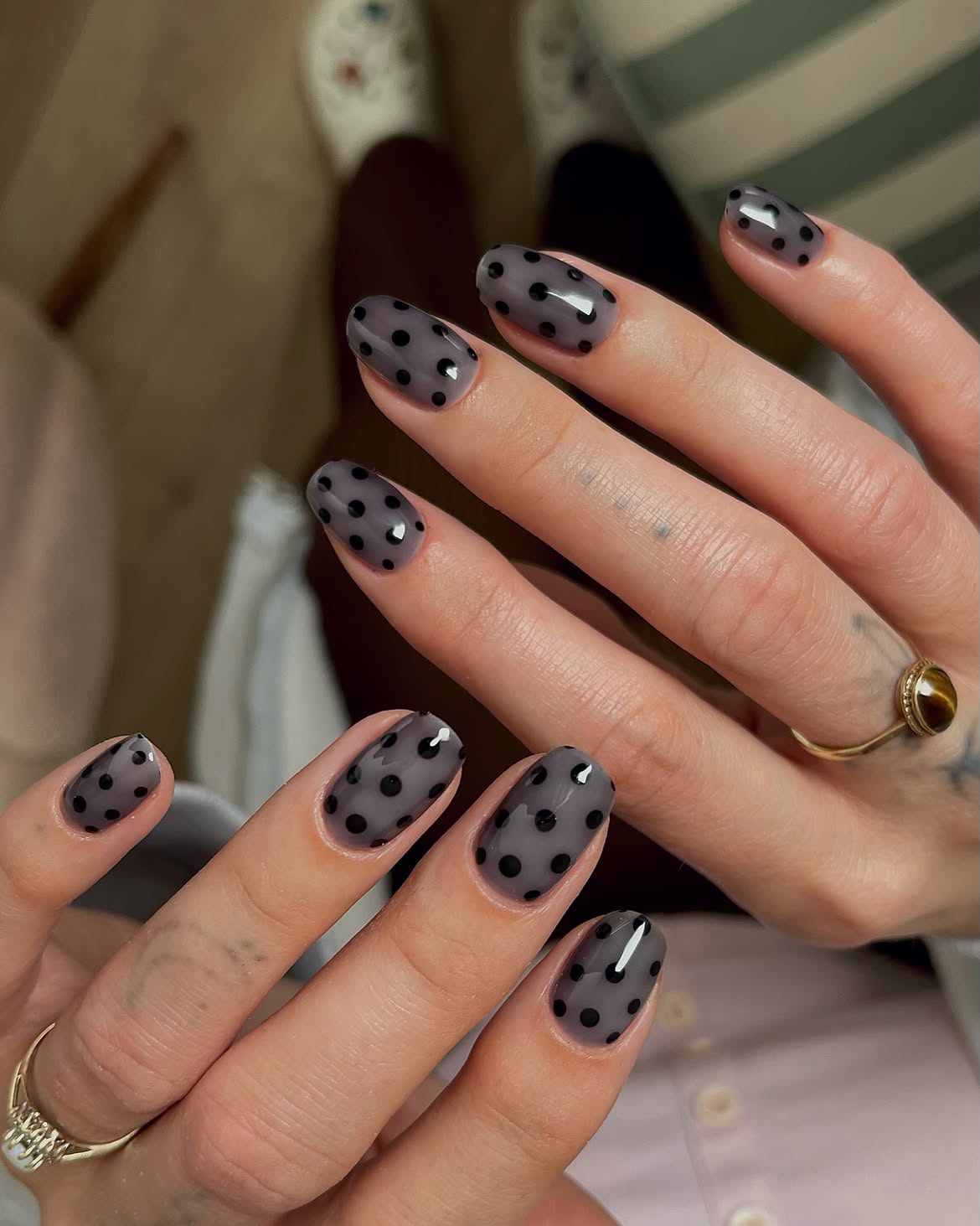 Ghostly Grey Polka Dot Oval Nails