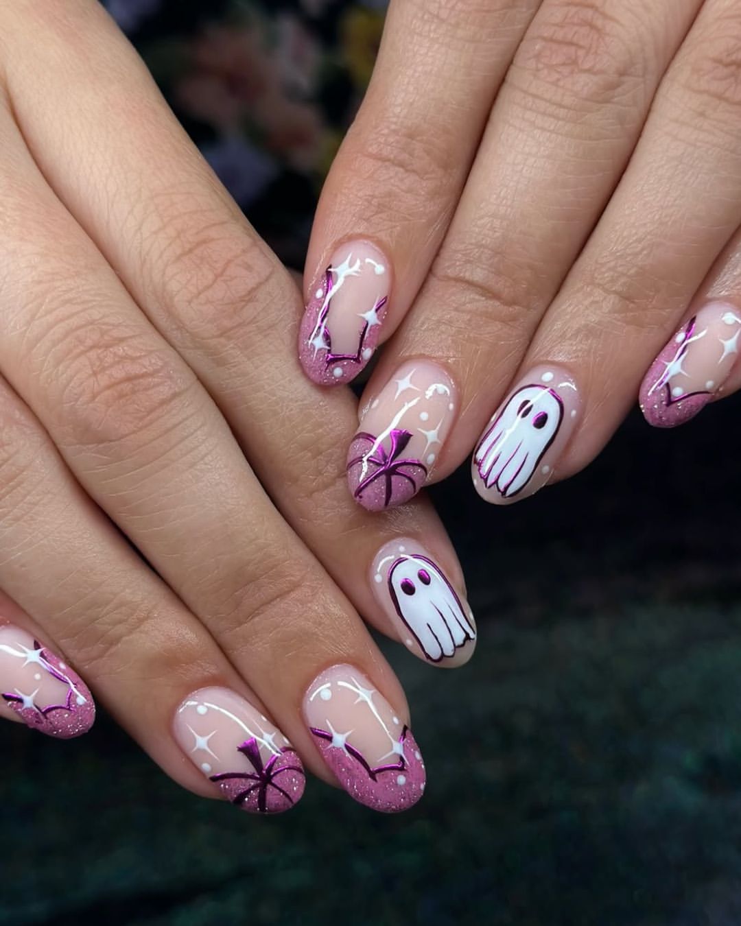Ghostly Pink Glitter Halloween Oval Nails