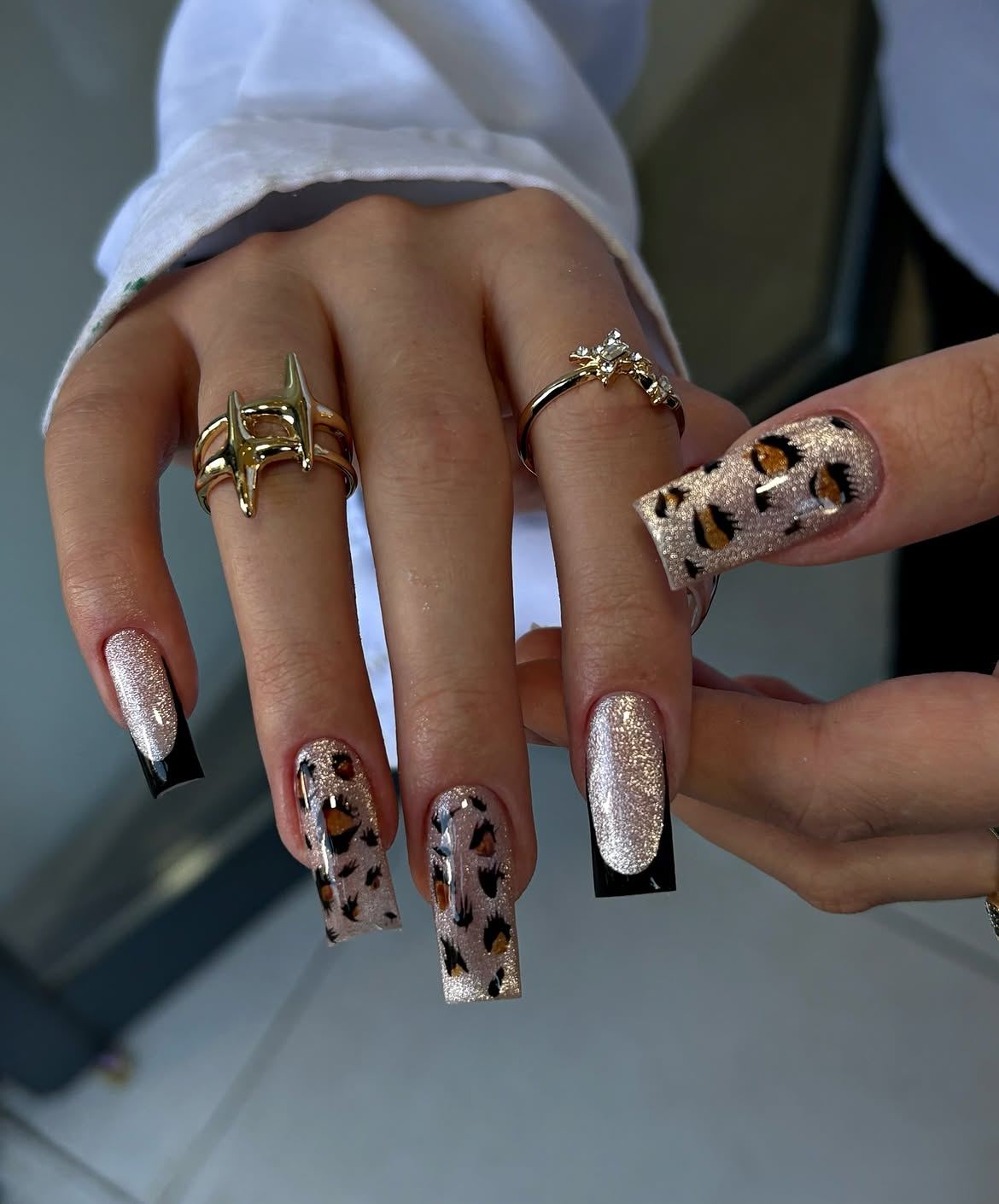 Glam Leopard Print French Tips with Glitter