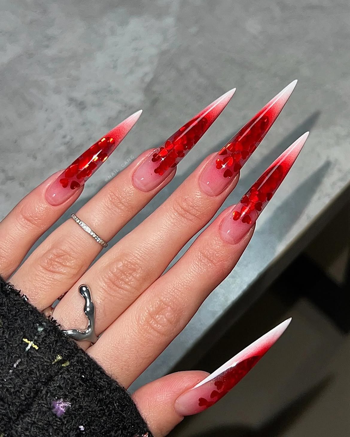Glamorous Red Heart Stiletto French Tip Nails