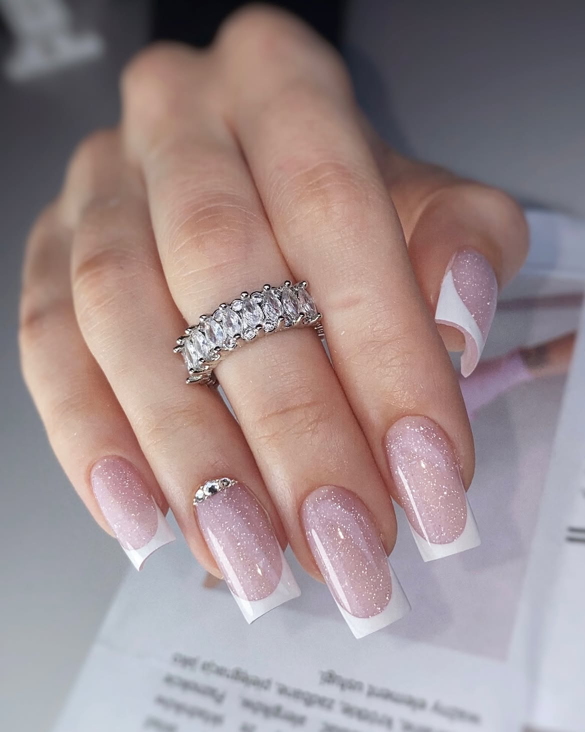 Glittery Pink French Ombre with Rhinestone Accent