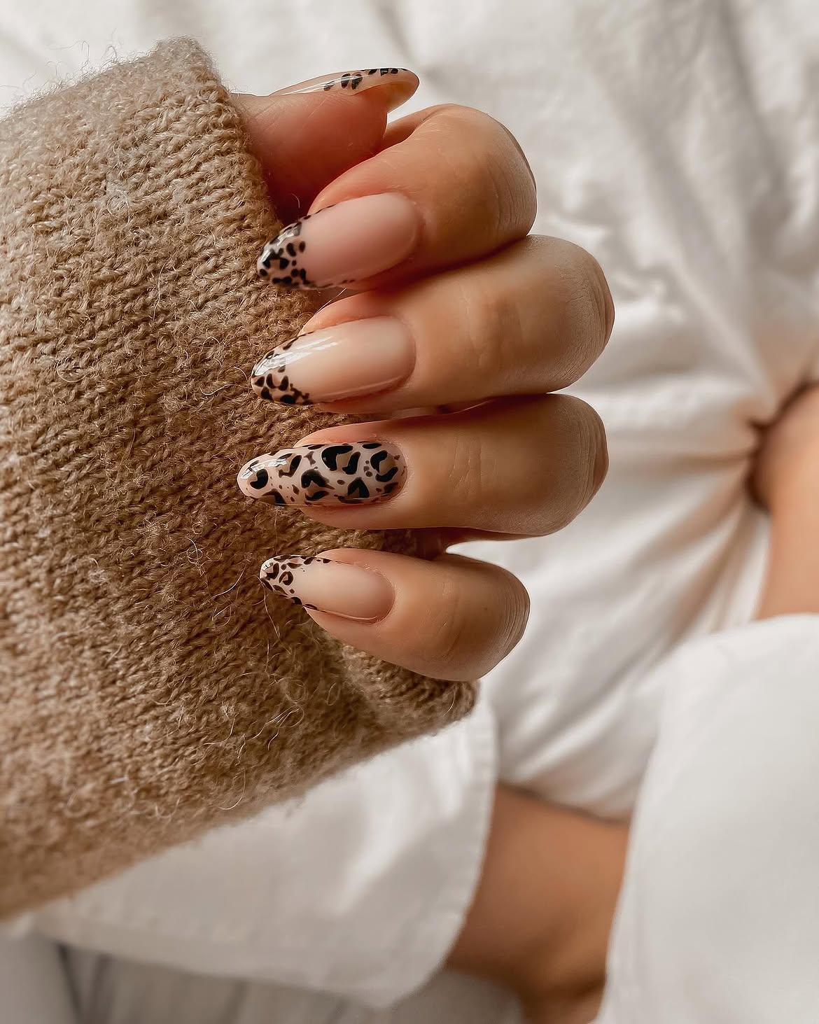 Glossy Almond French Tips with Leopard Accent