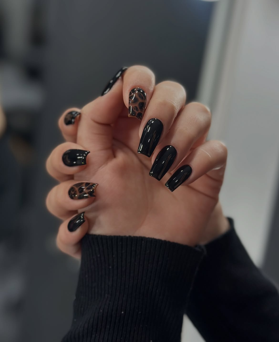 Glossy Black and Leopard Print Coffin Nails