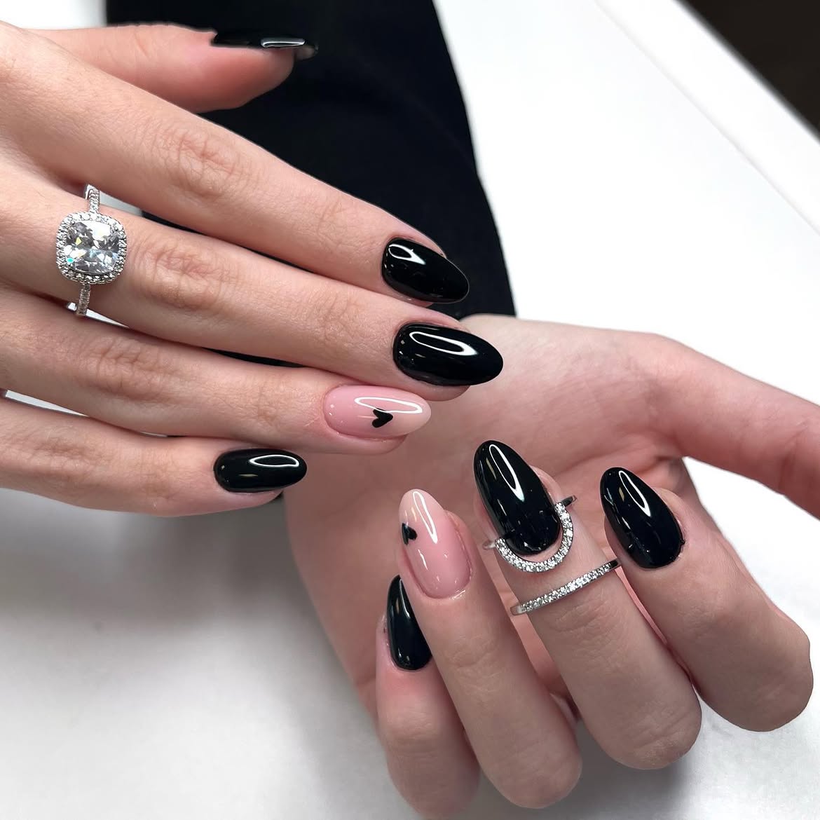 Glossy Black and Pink Heart Almond Nails
