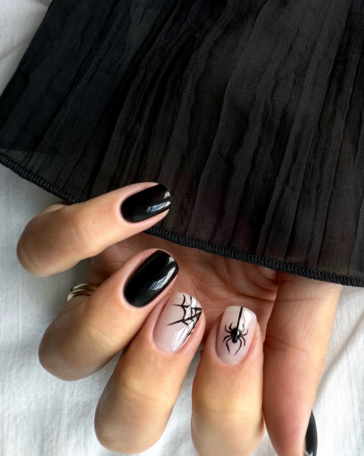 Glossy Black And Spiderweb Halloween Nails