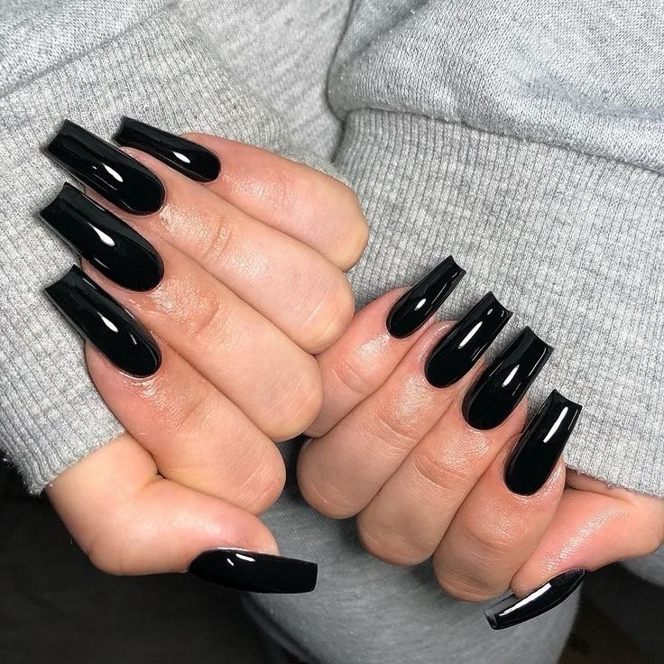 Glossy Black Coffin Nails With A Sharp Edge