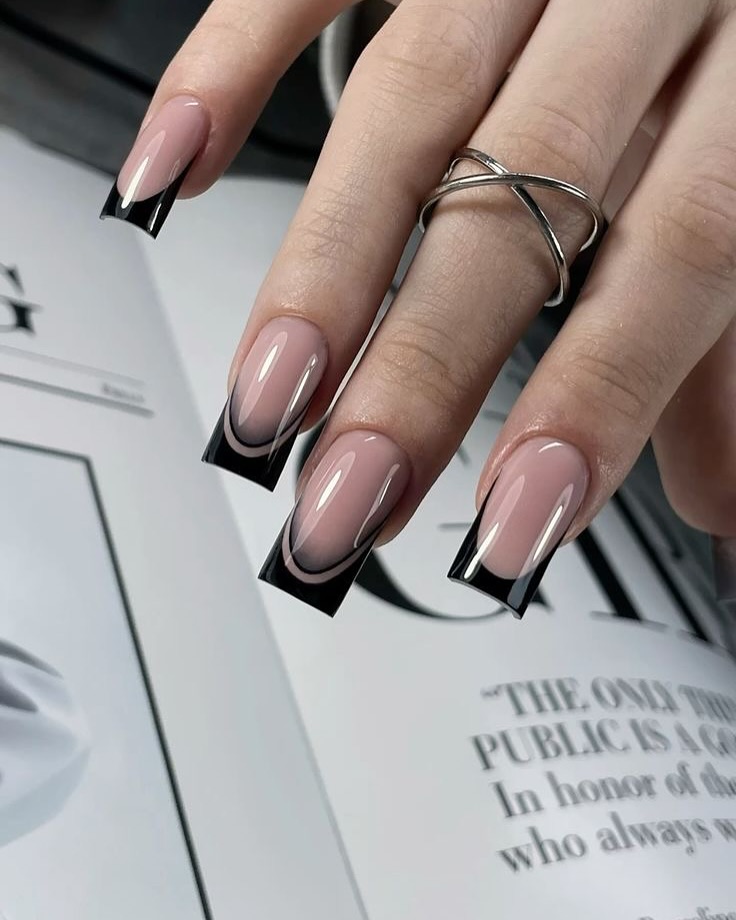 Glossy Black French Ombre Square Nails