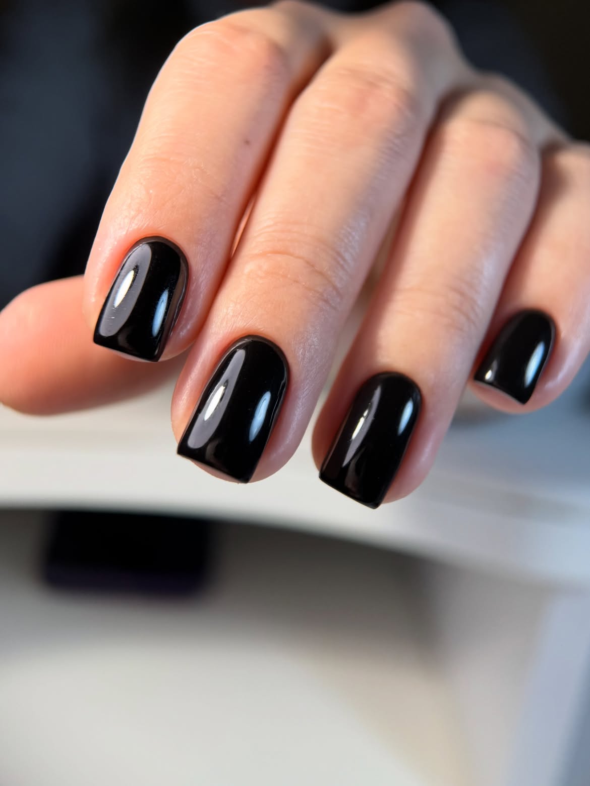 Glossy Black Gel Manicure with Medium Squoval Shape