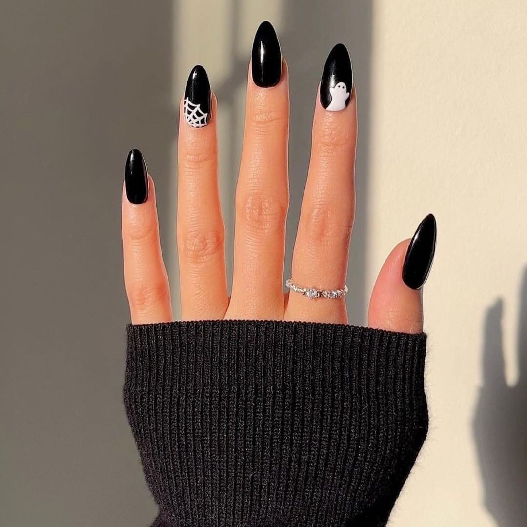 Glossy Black Halloween Almond Nails with Ghost and Spiderweb Art