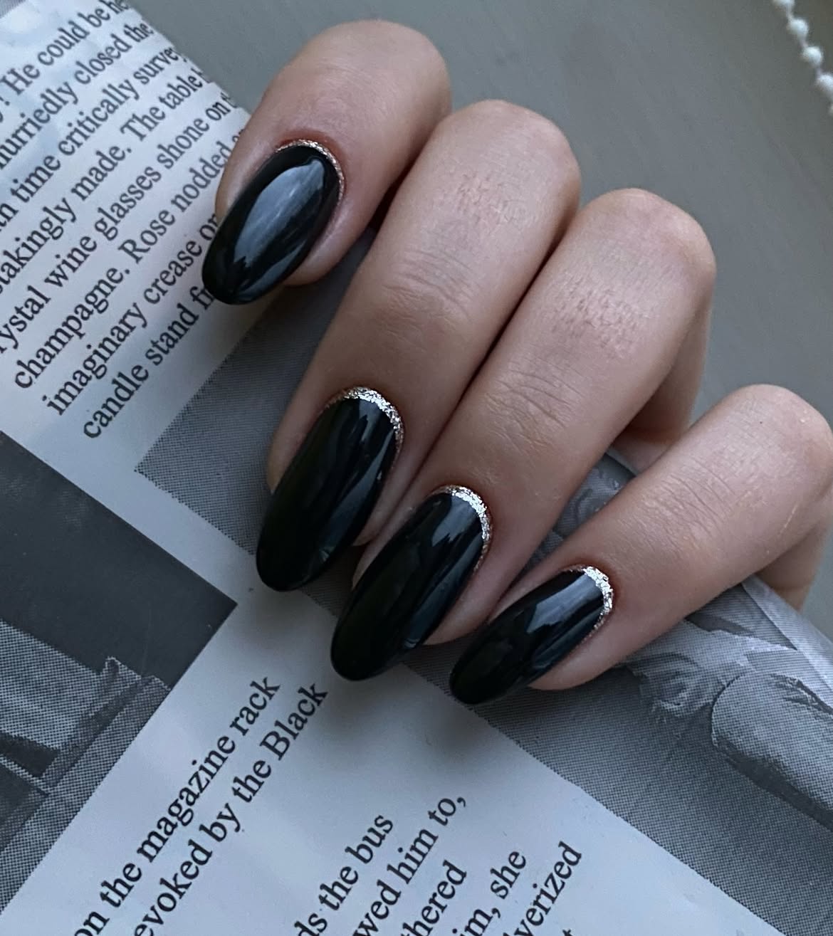 Glossy Black Oval Nails with Silver French Tip