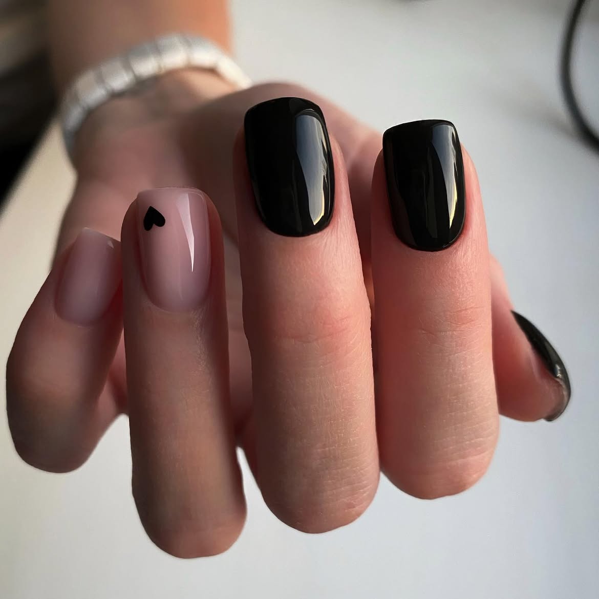 Glossy Black & Pink French Heart Nails