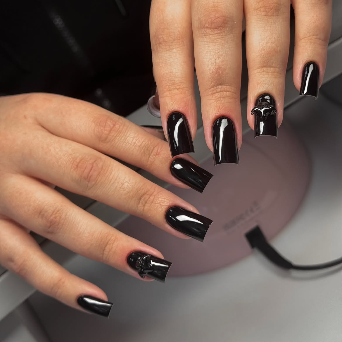 Glossy Black Square Nails with 3D Bow Accents