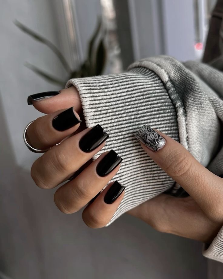 Glossy Black Square Nails with Marble Accent