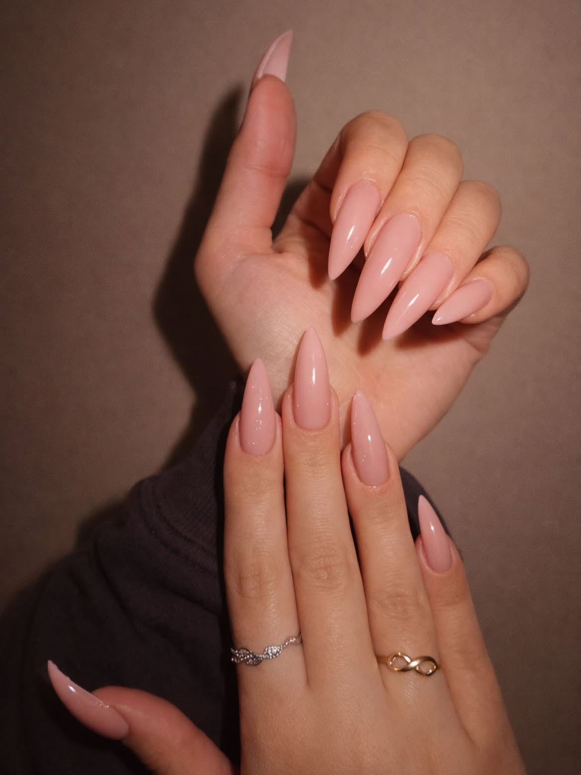 Glossy Blush Pink Stiletto Nails