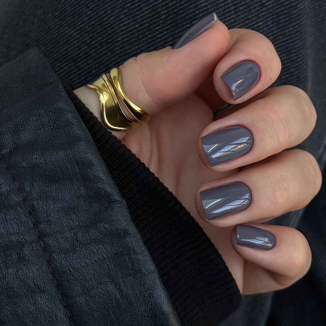 Glossy Charcoal Grey Short Square Nails