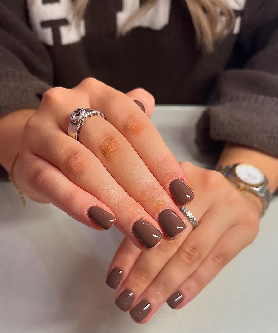 Glossy Chocolate Brown Short Square Nails