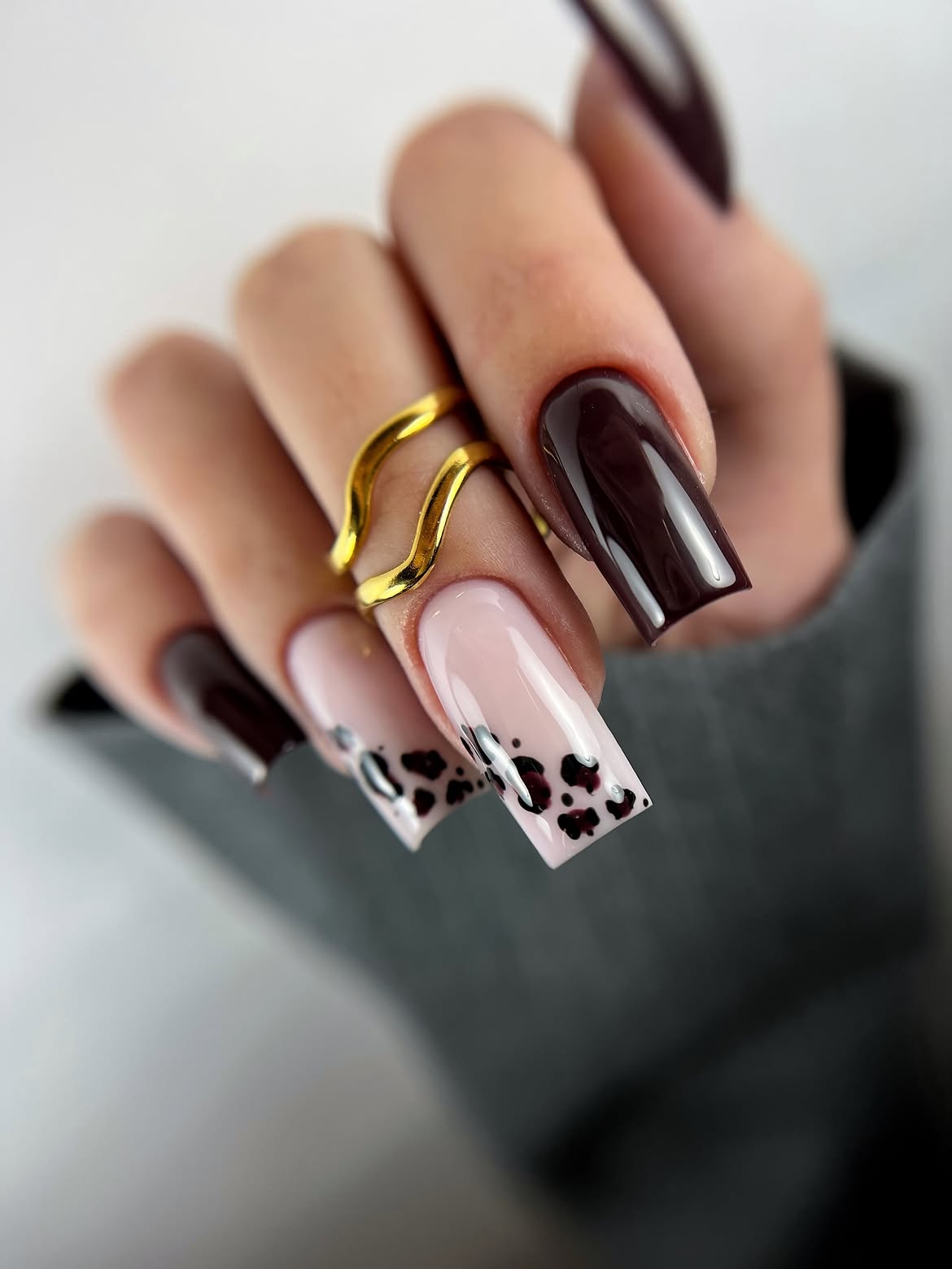 Glossy Deep Brown & Leopard French Tips