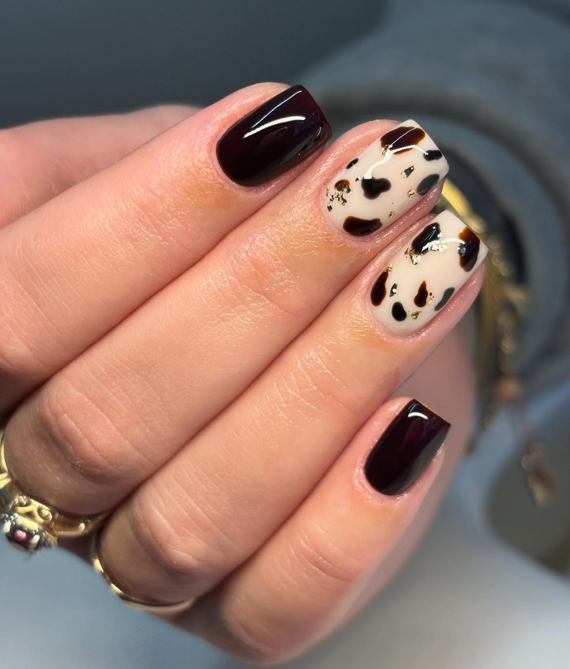 Glossy Deep Burgundy & Cow Print Coffin Nails