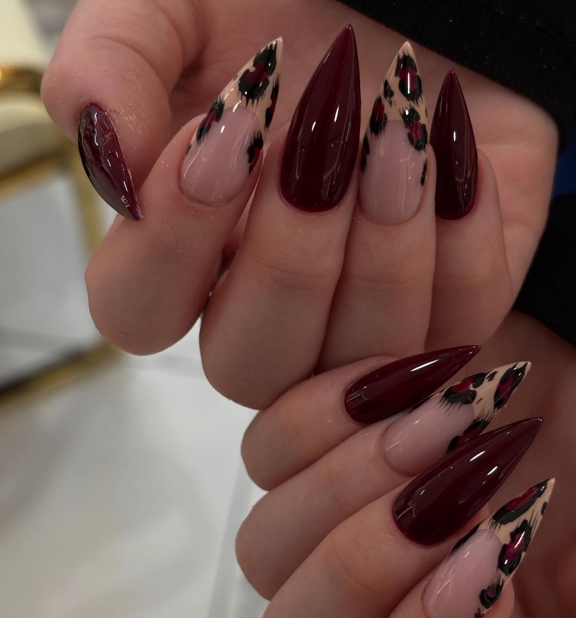 Glossy Deep Burgundy Leopard Print Stiletto Nails