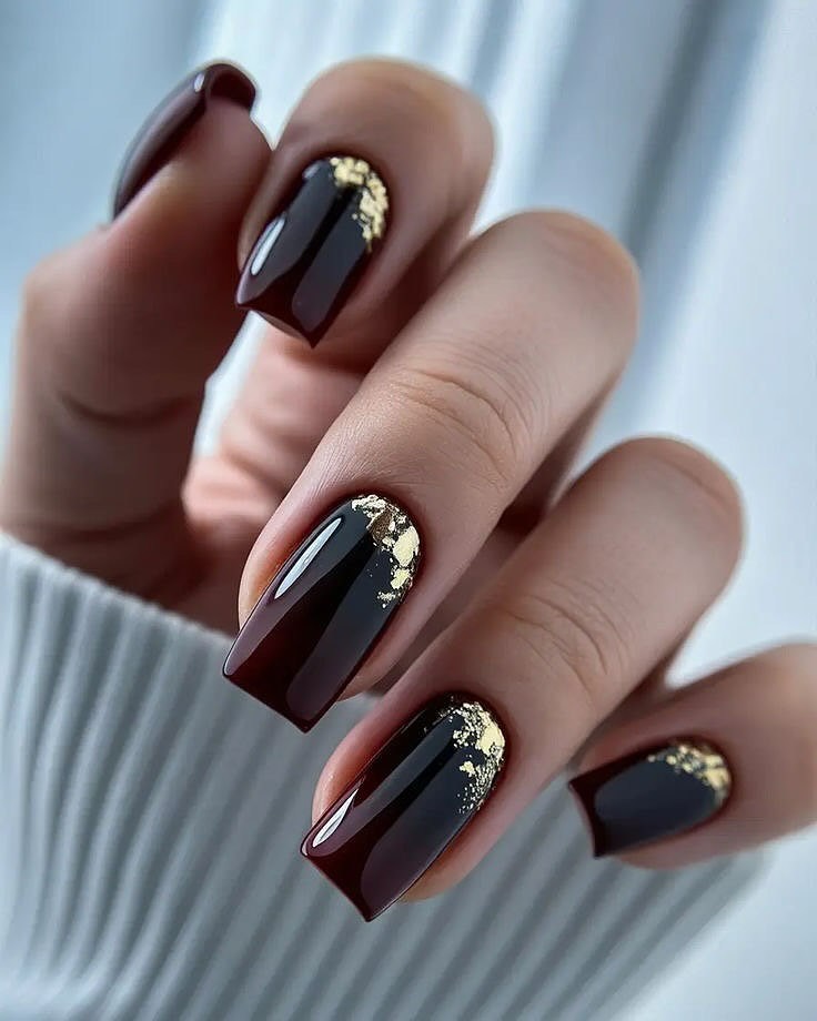 Glossy Deep Red and Gold Foil Accent Nails
