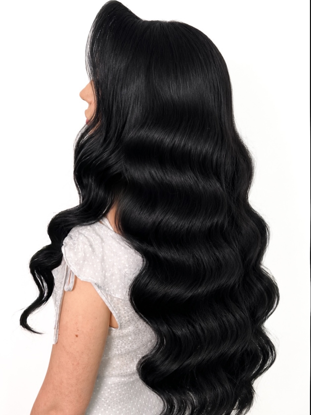 Glossy Hollywood Waves On Jet Black Long Hair
