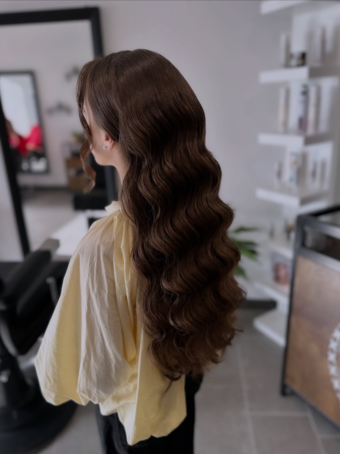 Glossy Hollywood Waves On Long Espresso Hair