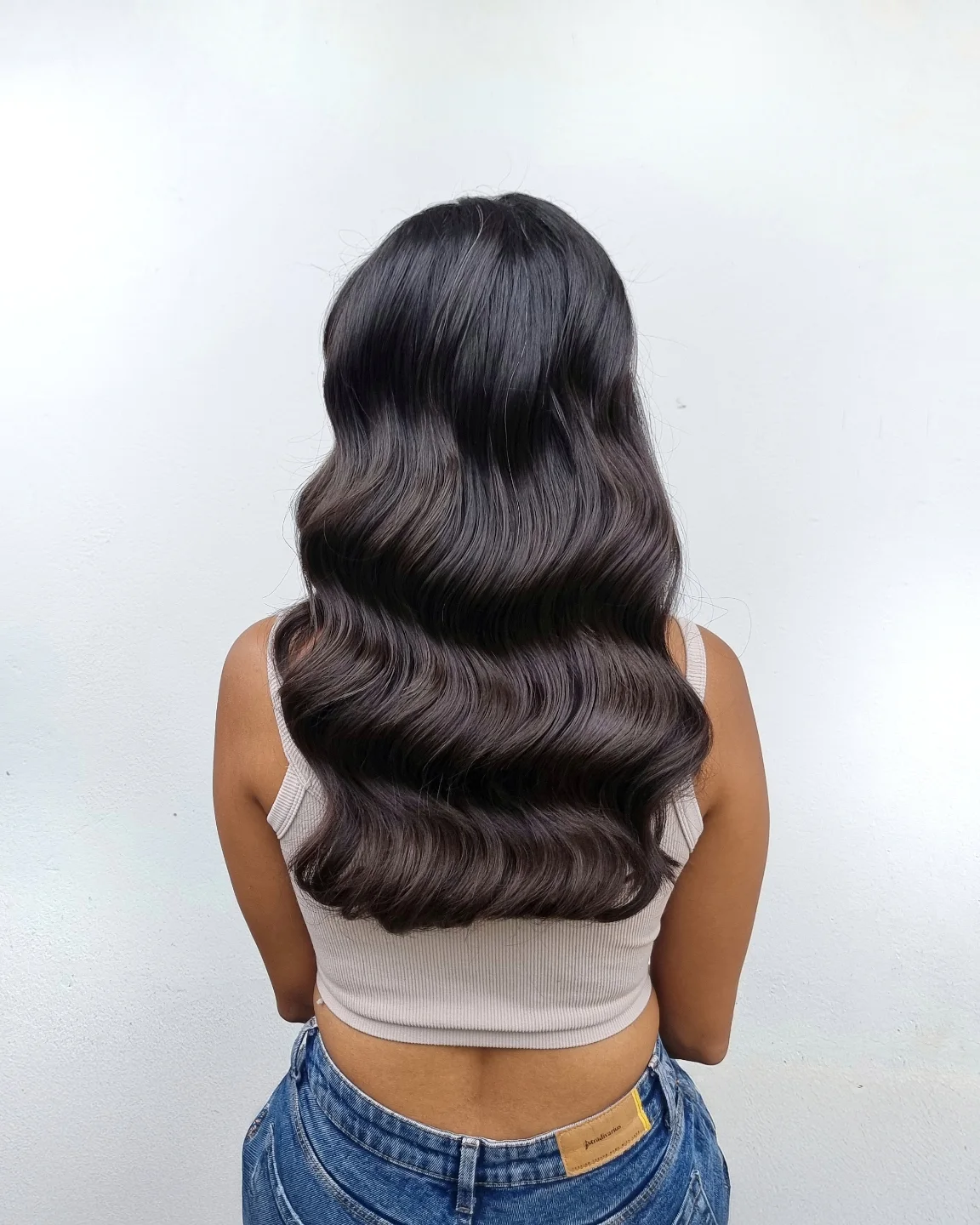 Glossy Hollywood Waves On Long Espresso Hair