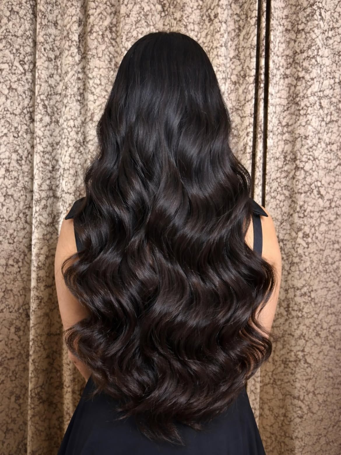 Glossy Long Mermaid Waves On Jet Black Hair