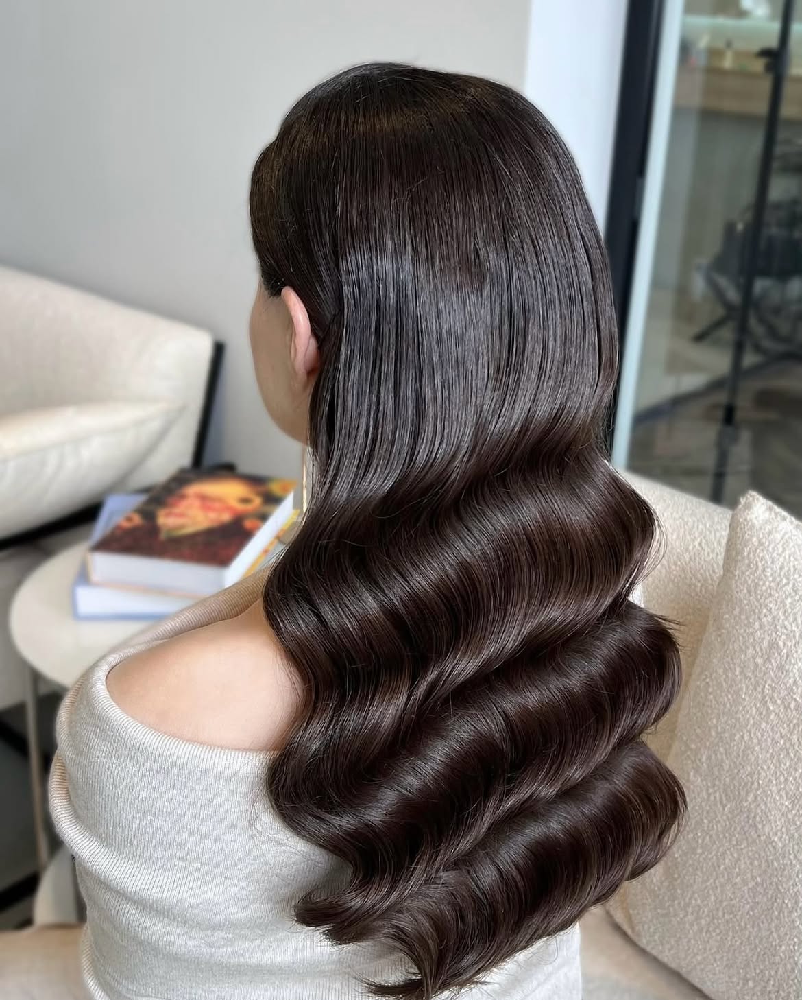 Glossy Polished Hollywood Waves On Brunette Hair